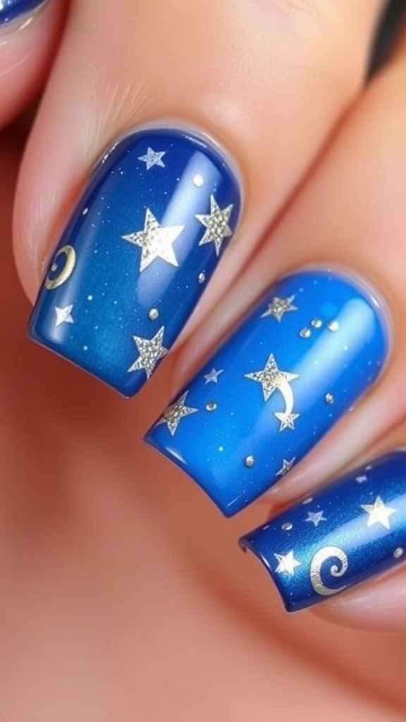 Close-up of celestial-themed Christmas nails in blue with glitter and star designs.